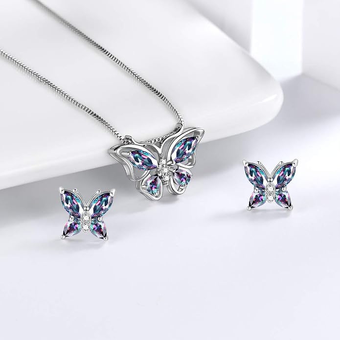 Aurora Tears Butterfly Jewelry,Women 925 Sterling Silver Butterflies Birthstone Pendant Necklace/Earrings/Rings Wedding Gift