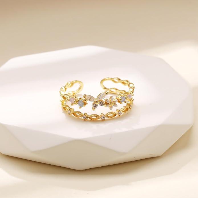 LOVECOM 925 Sterling Silver Butterfly Daisy Flower Rings for Women Mothers Self Love Ring for Myself Adjustable Gold Layered Colorful Opal Cubic Zirconia Stackable Ring Jewelry Gifts to Daughter