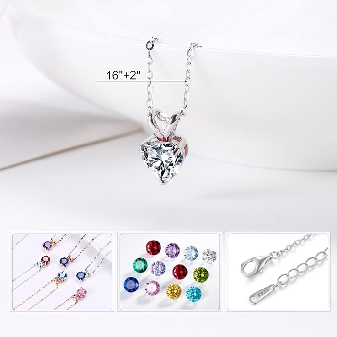 SMILEST Dainty Heart Birthstone Necklace for Women, 925 Sterling Silver Necklace Sparkling Heart Pendant, Anniversary Birthday Gifts for Women Mom Wife Daughter Girlfriend Grandma