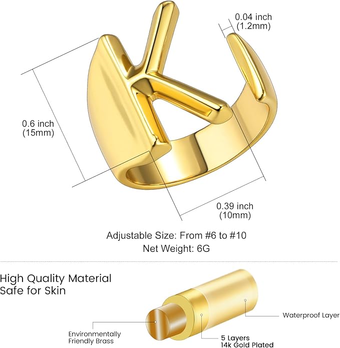 KeyStyle Bold Initial Letter Rings Adjustable, GoldChic Jewelry Women Gold Statement Ring Personalized Engraved Women’s Open Signet Ring for Party (Gold, White Gold, Black)