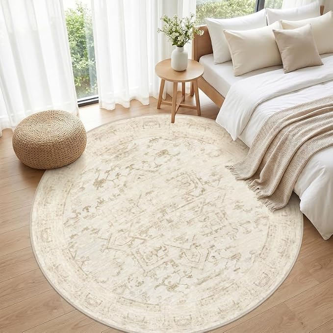 Round Area Rug for Living Room: 6ft Vintage Boho Neutral Washable Circle Rug Soft Large Circular Carpet for Bedroom Nursery Farmhouse Dining Room Office Floor Non-Slip Low Pile Under Table Beige/Brown