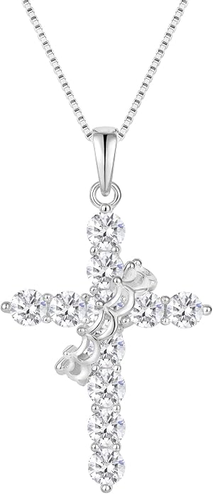 Rotated Crown Cross Necklaces for Women, 925 Sterling Silver Round Cut Zircon Neckalce Pendant With Ring Birthstones Jewelry for Her