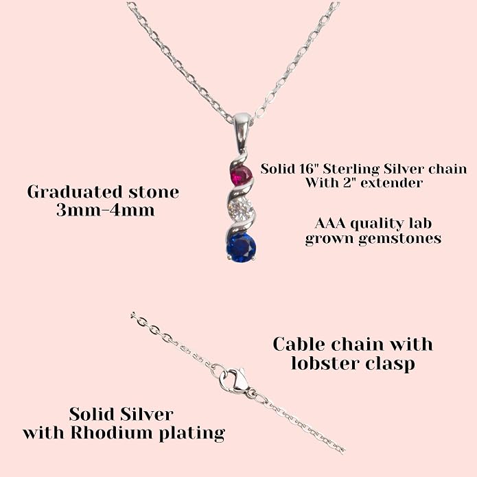 Silver Smile Sterling Silver 3 Birthstone Pendant for Women – Lab-Grown Ruby, White & Blue Gemstones – Hypoallergenic & Tarnish Resistant – 925 Rhodium-Plated Pendant – Elegant Patriotic Gift for Her