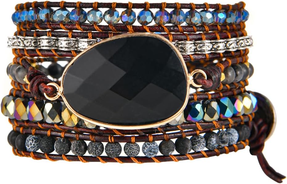 YGLINE Boho Handmade Wrap Leather Tube Crystal Stone Bracelet for Women