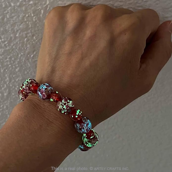 ARTSY Crafts Lily Garden Glow in the Dark Firefly Bead Bracelets Necklaces, Handmade in USA Murano Glass Jewelry, Flower Luminous Beads Mermaid Crystal Bracelet Bangle