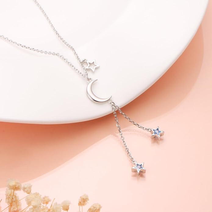 Ladytree 925 Sterling Silver Jewelry Crescent Moon and Star Pendant Necklace