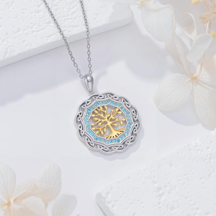 Sterling Silver Birthstone Celtic Tree of Life Necklace, 18K Gold Plated Colored Gemstone Tree of Life Pendant Two-Tone Necklaces Jewelry Birthday Gifts for Women 18" - 20"