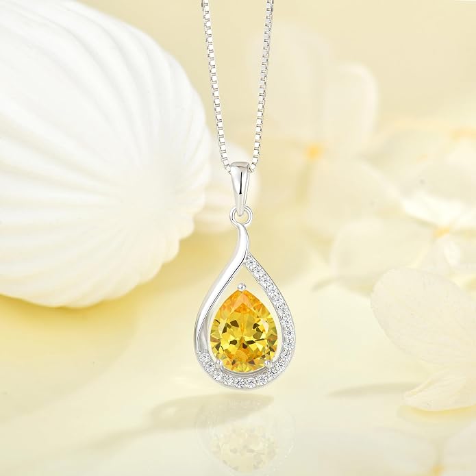 Teardrop Birthstone Necklace for Women 925 Sterling Silver White/Yellow Gold Plated Cubic Zirconia Pendant Necklace Jewelry for Her