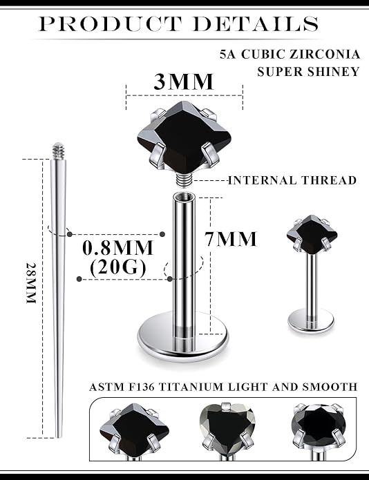 20G 18G 16G Astm F136 Titanium Internal Thread Flat Back Earrings Nose Studs Tragus Helix Conch Cartilage Lobe Earrings Medusa Labret Snake Bite Monroe Lip Ring Piercing Jewelry For Women Men