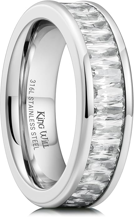 King Will 6mm 316L Stainless Steel Eternity Ring for Women, Colorful Baguette-Cut Cubic Zirconia Stackable Band, Pipe Cut Anniversary Engagement Ring Comfort Fit, Size 6-10