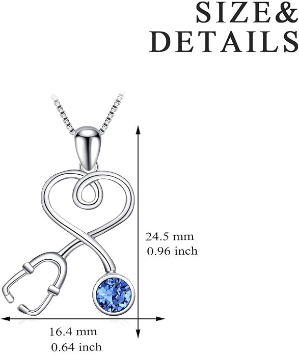 AOBOCO Stethoscope Necklace 925 Sterling Silver Embellished with 12 Months Birthstone Crystals from Austria, Graduation Gifts Medical Jewelry for Doctor Nurse Medical Student RN