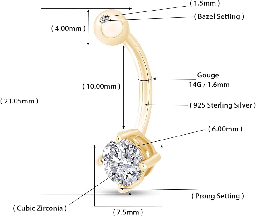 AFFY Round Shape Body Piercing Curved Barbells, Floating Navel Belly Piercing Button Premium Surgical Steel Ring in 14K Gold Over Sterling Silver