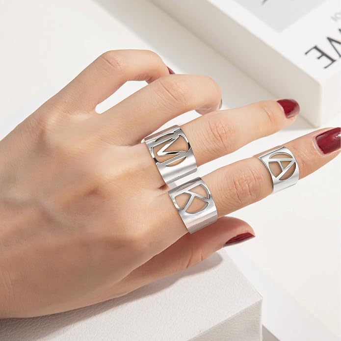 KeyStyle Bold Initial Letter Rings Adjustable, GoldChic Jewelry Women Gold Statement Ring Personalized Engraved Women’s Open Signet Ring for Party (Gold, White Gold, Black)