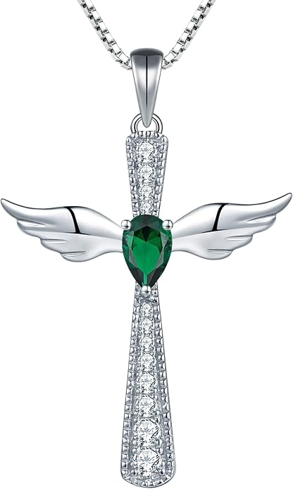 YL Cross Necklace 925 Sterling Silver Angel Wings Pendant Teardrop Birthstone Criss Jewelry for Women