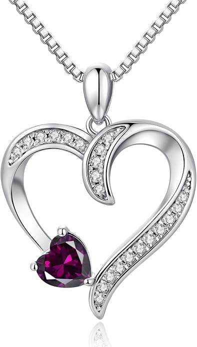 Love Heart Necklace for Women, 925 Sterling Silver Cubic Zirconia Birthstone Heart Pendant Jewelry Gift for Mom, Mother, Wife, Girlfriend on Birthday, Mother's Day, Chain 18 inch