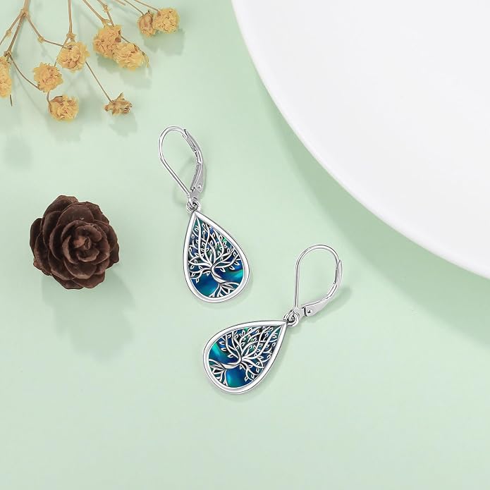 Odinstone 925 Sterling Silver Earrings Tree of Life Teardrop Moonstone Dangle Drop Leverback Earrings for Women