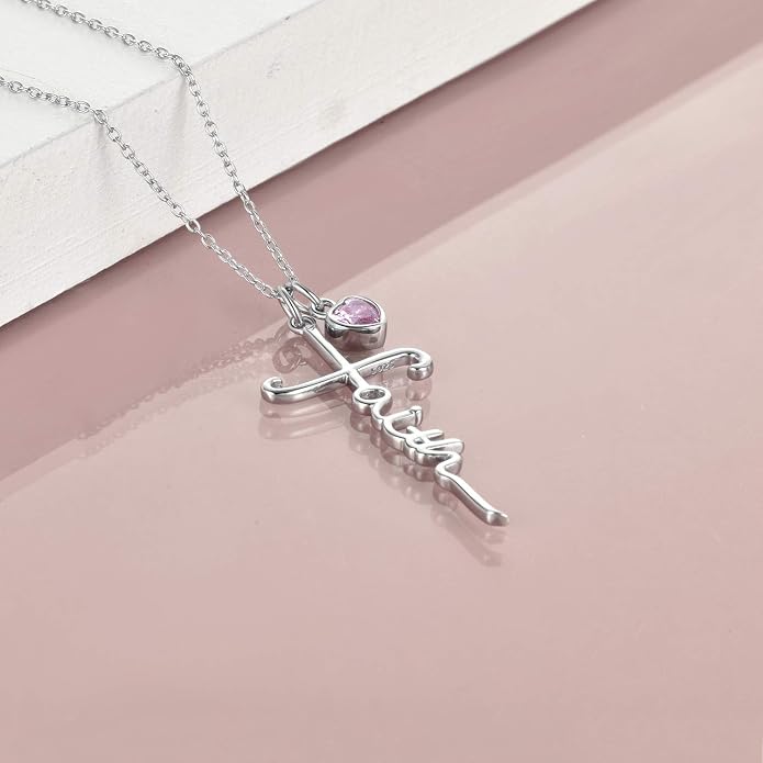 Faith Cross Necklace For Women Birthstone Sterling Silver with Simulated Birthstone Cross Jewelry Christian Gifts