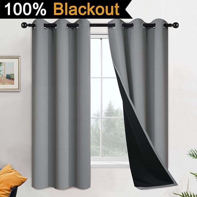 Yakamok Grey Blackout Curtains 63 Inches Long for Bedroom 42" Wide 2 Panels | Blackout Curtain Panels for Bedroom, 2 Thick Layers Grommet Top Thermal Insulated Drapes with Black Liner for Living Room