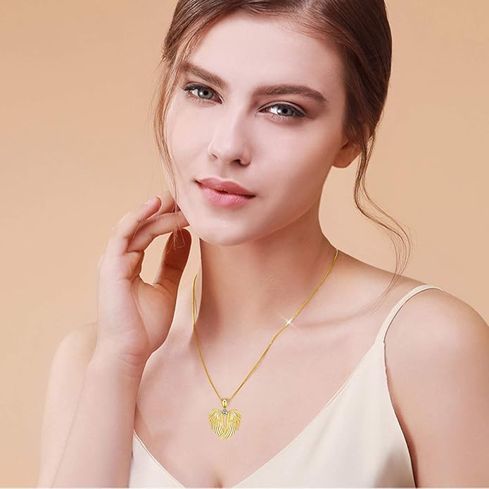 YFN Angel Wings Necklace 925 Sterling Silver Guardian Angel Wings Pendant Necklace Birthstone Necklace for Women Girls Christmas Jewelry Gifts