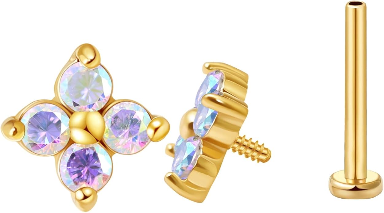 FANSING CZ Flower Internally Threaded Flat Back Earring Labret Stud for Cartilage Tragus Helix Conch