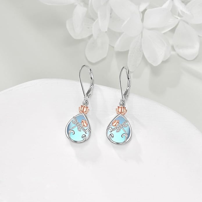 AOBOCO Teardrop Dangle Earrings for Women 925 Sterling Silver Moonstone Flower Filigree Leverback Jewelry Birthday