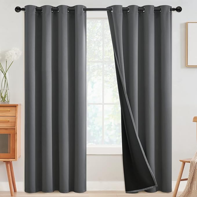 SimpleHome Grey 100% Blackout Curtains Room Darkening Living Room 96 Inch | Curtains for Bedroom,Thermal Insulated Grommet Window Drapes,Curtains for Living Room with Black Back,52 x 96 Inch,2 Panels