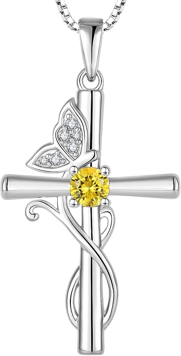 STARCHENIE Butterfly Cross Necklace 925 Sterling Silver Crucifix Pendant Birthstone Jewelry for Women