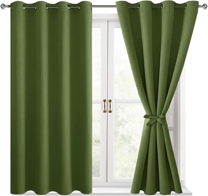 Hiasan Blackout Curtains for Bedroom, 52 x 54 Inches Long - Thermal Insulated & Energy Saving Window Curtains for Living Room, 2 Drape Panels Sewn with Tiebacks, Olive Green