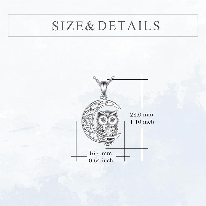 Owl Birthstone Necklace Sterling Silver Celtic Moon Pendant Cubic Zirconia Owls Jewelry Birthday Gifts for Women Men