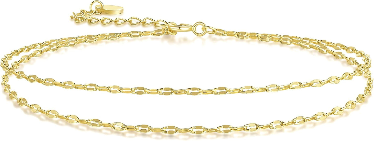 14K Gold Anklets for Women Gold Ankle Bracelets for Women Layered Anklet for Womens Ankle Bracelets Flat Mirror Chain Double-Layer Design Dainty Anklet for Womens Anklets 9.4'' to 11''
