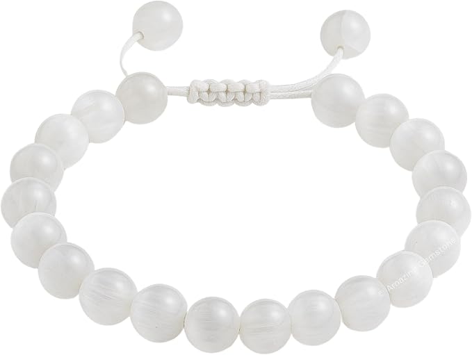 Amazing Gemstone Selenite Bracelet, Gifts for Men & Women - Protection Healing Crystal Bracelet - 8mm Gemstone Beaded Adjustable Bracelet, Pulseras para Hombres Mujer Stocking Stuffers
