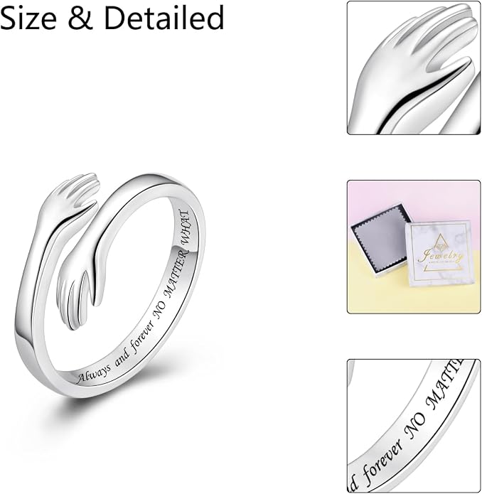 S925 Sterling Silver Hug Rings for Women Teen Girls Adjustable Ring for Granddaughter Daughter Hope Promise Friendship Hand Ring Jewelry for Birthday Graduation Christmas Mothers Day Valentines Gifts