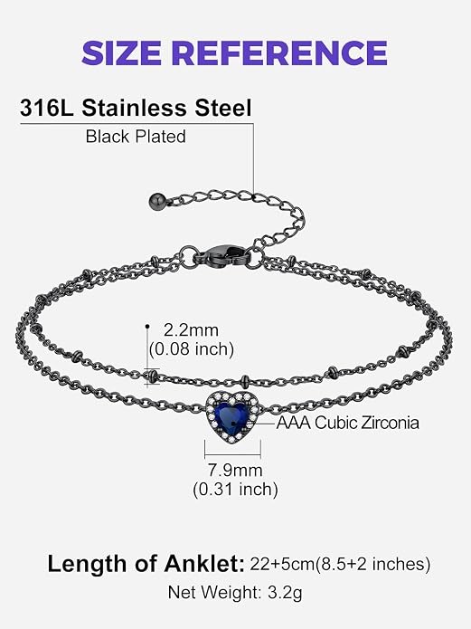 Richsteel Double Layer Heart/Butterfly Birthstone Anklet for Women Non Tarnish Waterproof, Silver/Gold/Black Stainless Steel 8.5-10.5 Inch Adjustable Chain Anklets Jewelry Gifts for Her