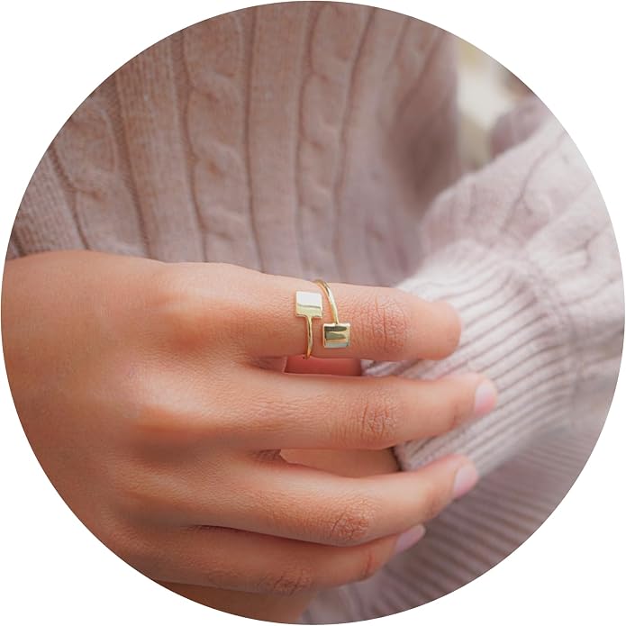 18k Gold Plated Simple Minimalist Square Adjustable Stackable Halo Ring Band for Women Valentines Day Gifts for Her Comes with a Gift Box