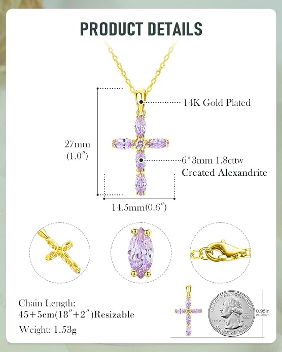 14K Gold Plated 925 Sterling Silver Birthstone Cross Necklace for Women Men