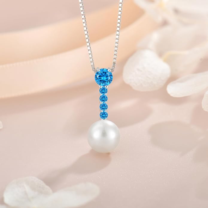 Pearl Necklace for Women, 925 Sterling Silver Dainty Round Freshwater Pearl with 5A Zircon Pendant Ideal Birthstone Jewelry Gifts for Her