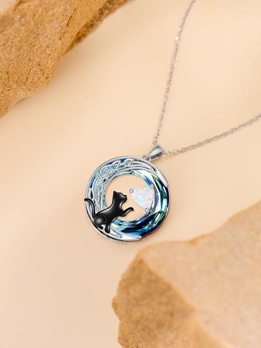 TOUPOP Cat Gifts for Cats Lovers 925 Sterling Silver Black Cat Necklace Celtic Moon Birthstone Jewelry for Women Anniversary Birthday Gift for Her Wife Mom