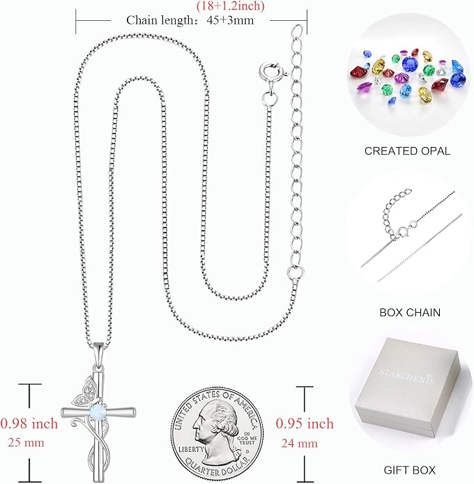 STARCHENIE Butterfly Cross Necklace 925 Sterling Silver Crucifix Pendant Birthstone Jewelry for Women