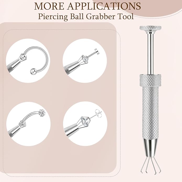 ONESING 2Pcs Piercing Ball Grabber Tool for Changing Jewelry, Stianless Steel Flat Back Earring Applicator Internally Threaded Push Pin Piercing Grabber Tool, Anti Slip 4 Claw Gem Ball Grabber Tool