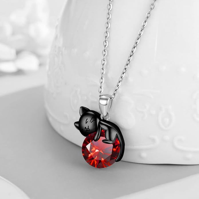 Cat Necklace Sterling Silver Cat Zircon Pendant Gothic Jewelry for Women Animal Lovers Gifts