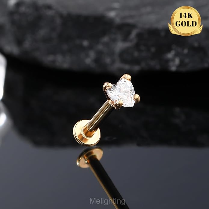 Melighting 14K Solid Gold Cartilage Earring - 16G Gold Heart Flat Back Earring - Star Helix Piercing Jewelry - Internally Threaded Curved CZ - 8mm