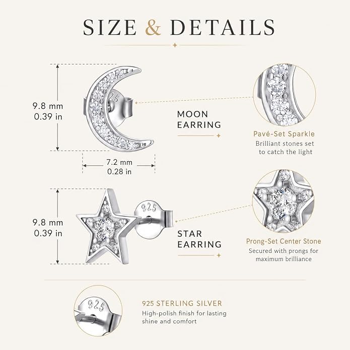 Asymmetrical Moissanite Stud Earrings for Women, Star and Moon Design, D Color VVS1 Clarity Moissanite, 925 Sterling Silver with 18K White Gold Plated, Fire Brilliance Hypoallergenic Jewelry Gift for Her