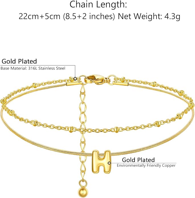 ChainsProMax Initial Ankle Bracelets for Women, Waterproof Anklets Bracelet Adjustable Summer Beach Women Foot Jewelry, Stainless Steel/Gold Plated-Send Gift Box/Letter A-Z