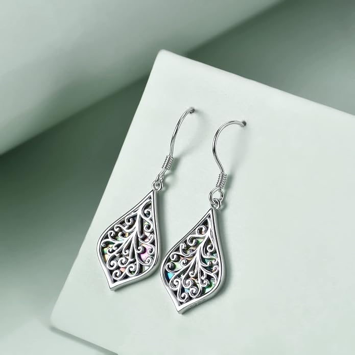 CRMAD Hummingbird/Bee/Leaves/Sunflower/Daisy/Dragonfly/Rose/Lotus Flower Sterling Silver Filigree Teardrop Earrings Abalone Shell Jewelry for Women