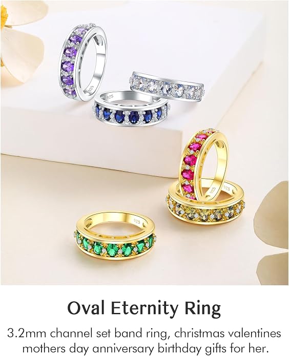 DAYBYDAY Oval Band Rings for Women, 925 Sterling Silver/14k Gold Plated Half Eternity Ring, Aquamarine/Ruby/Emerald/Sapphire Birthstone Rings, Thick Band Gemstone Anniversary Ring Size 6 to 10