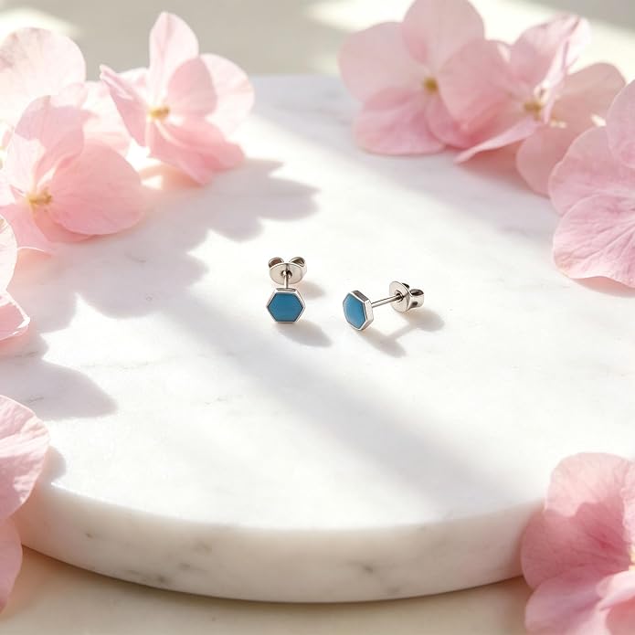 JMLOON 12 Pairs Enamel Flat Back Stud Earrings Surgical Stainless Steel Round Heart Star Square Hexagon Screw Back Stud Earrings