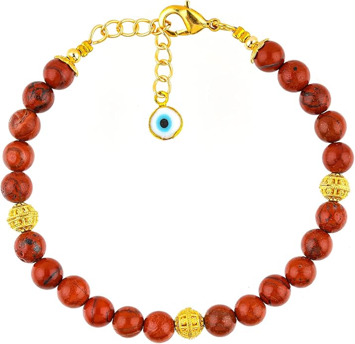 AAA Grade Natural Gemstone Beaded Bracelet, 14K Gold Plated with Evil Charm, Wicca & Reiki Healing Crystals, Handmade Bohemian Jewelry, Christmas Gift for Women (7+1inch)