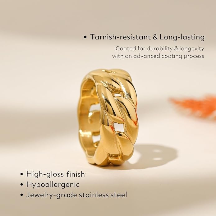 Chunky Statement Rings for Women, Wide Signet Dome Croissant Twist Band Non-Tarnish 18k Gold Plated Stainless Steel Size 5-11