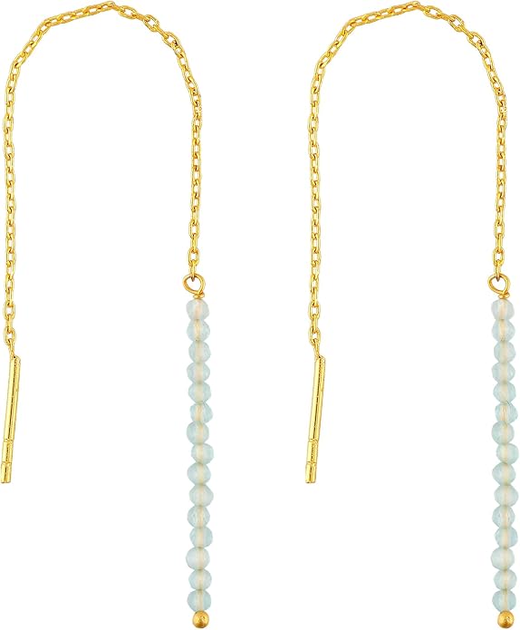 Natural Gemstone Threader Earrings for Women - Dainty 2mm Faceted Beads - Birthstone Crystal Drop Earrings - Silver Plated Healing Jewelry