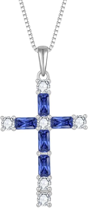 Birthstone Cross Necklace for Women 925 Sterling Silver Christian Religious Crucifix Pendant Rectangular Cut Birthstone Jewelry Gifts for Her